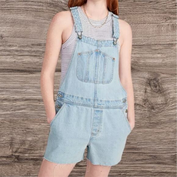 Old Navy Denim Overalls Women’s Small Slouchy Straight Cut Off Blue Jean Bleach - Picture 1 of 7